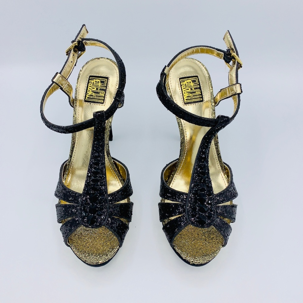 Falchi Natalie Women's Black/Gold Peep Toe Heels - Picture 2 of 6